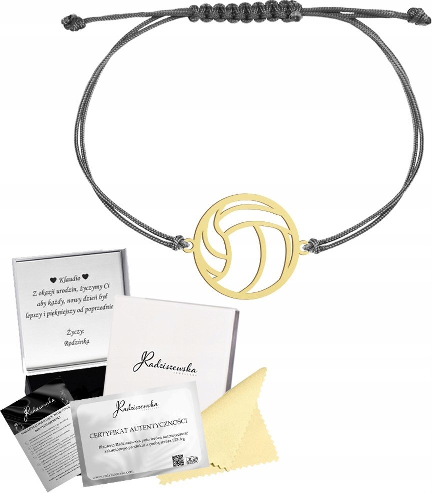 Radziszewska Jewellery Bransoletka Złota Piłka do Siatkówki SREBRO 925 Sznurek DEDYKACJA GRATIS