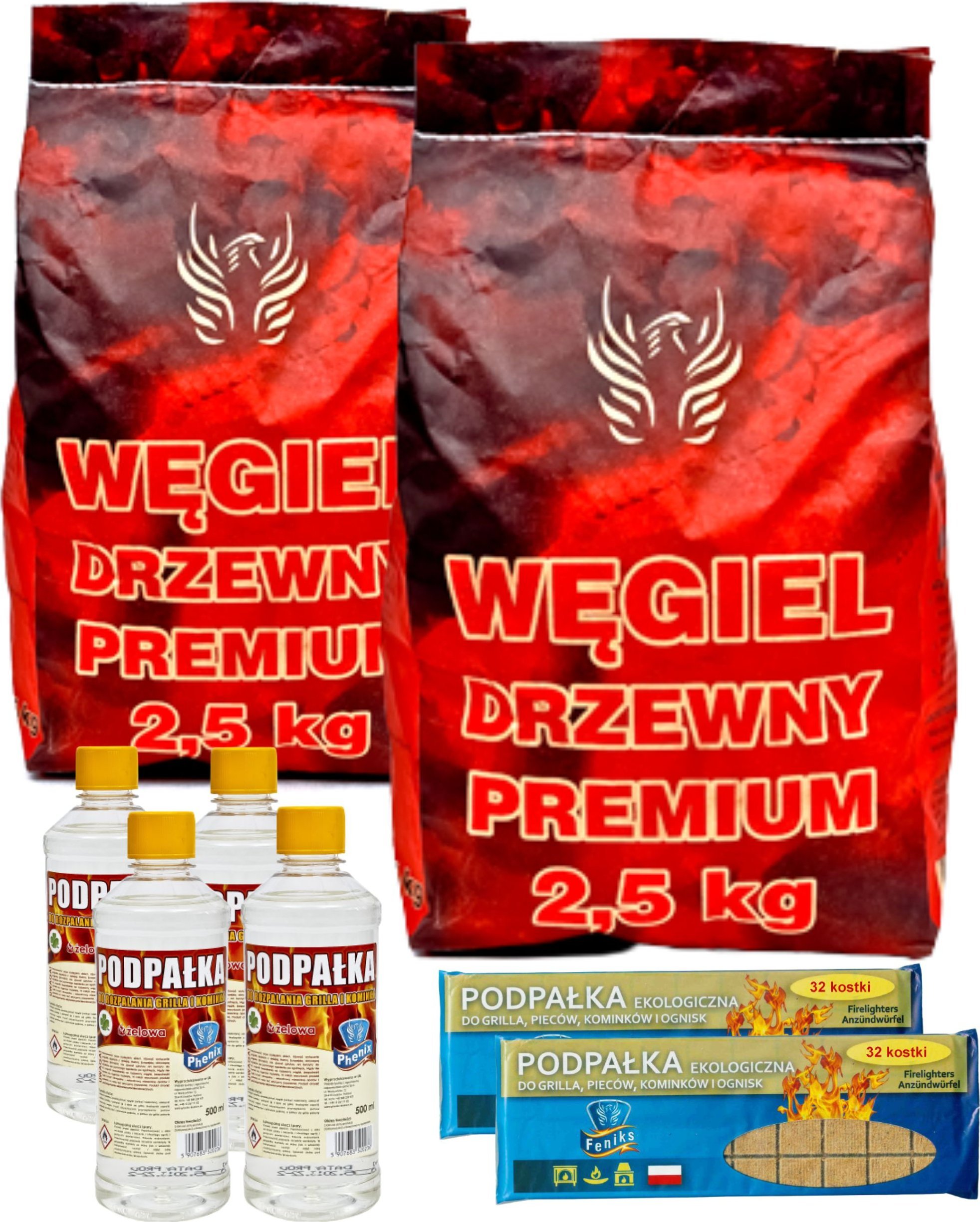 Feniks Węgiel drzewny 5kg, Podpałka do rozpalania grilla Komplet do grillowania