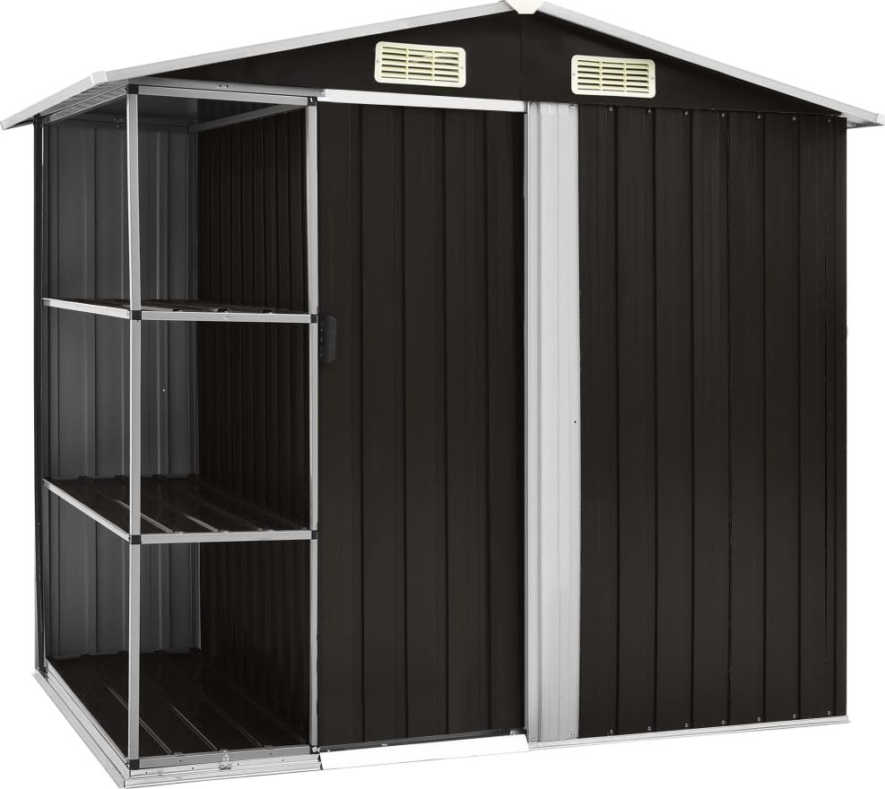 vidaXL Szopa ogrodowa z regałem, brązowa, 205x130x183 cm, żelazna