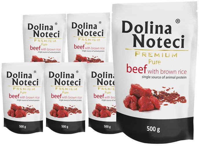Mokra karma dla psa alergika Dolina Noteci Premium Pure bogata w wołowinę z ryżem brązowym zestaw 10 x 500 g