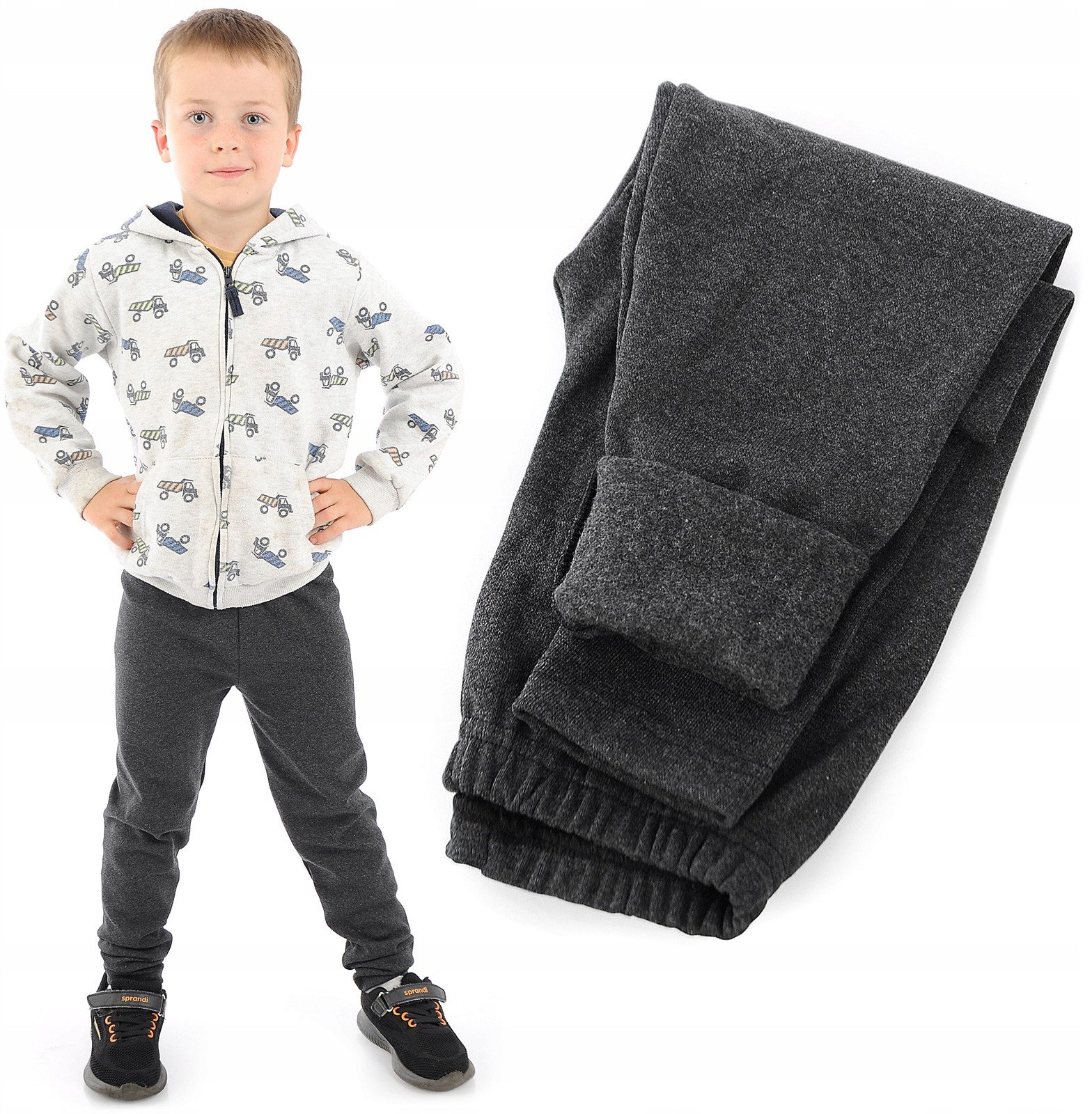 Ocieplane elastyczne Legginsy chłopięce Bawełniane Spodnie Grafitowe 134