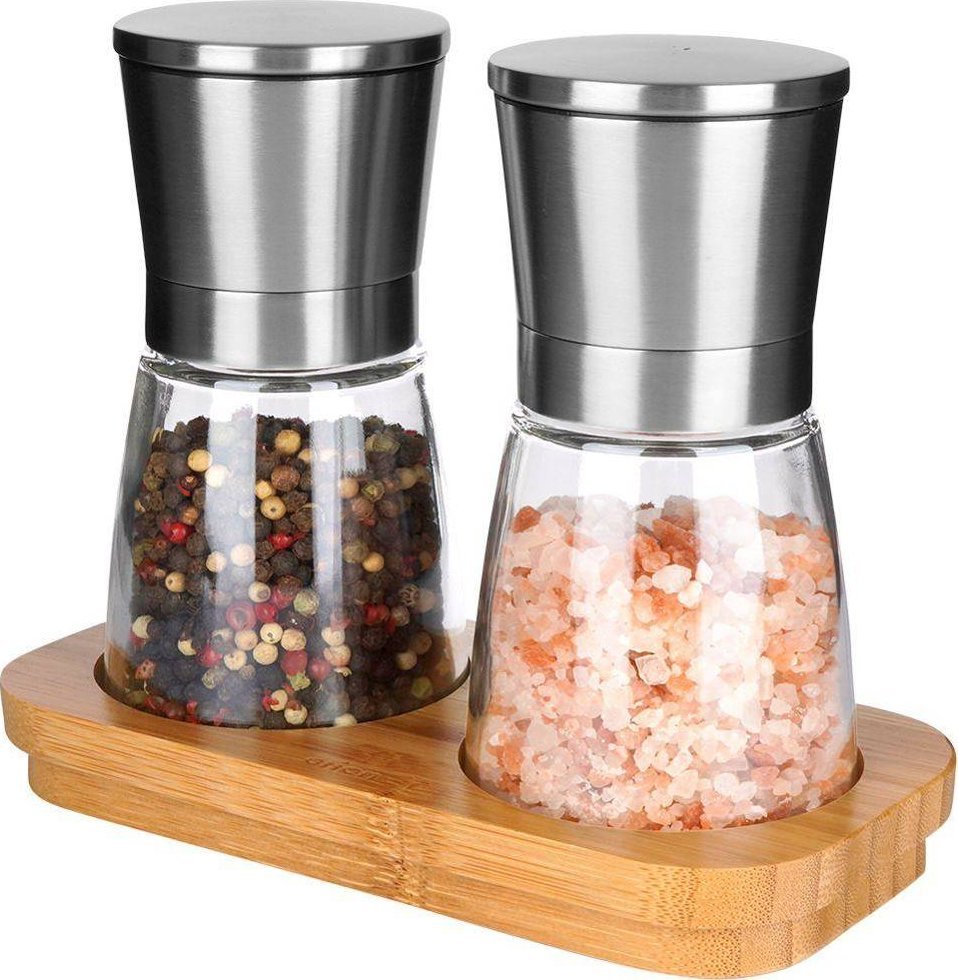 Młynek do przypraw Orion Młynek do mielenia soli i pieprzu na bambusowym stojaku zestaw 3 szt.