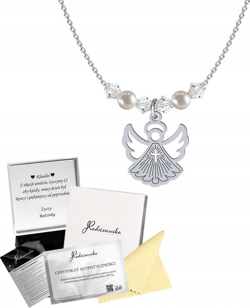 Radziszewska Jewellery Naszyjnik z Aniołkiem na KOMUNIĘ Łańcuszek SREBRO 925 ŻYCZENIA GRATIS