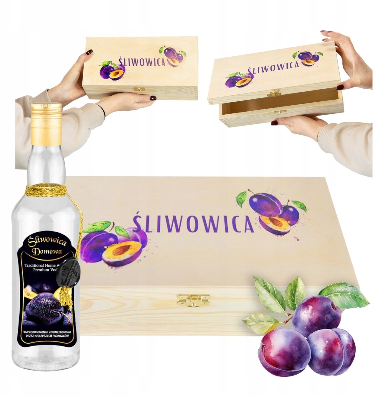 Bimberek Skrzynka drewniana PUDEŁKO NA ŚLIWOWICĘ + BUTELKA OZDOBNA ŚLIWOWICA