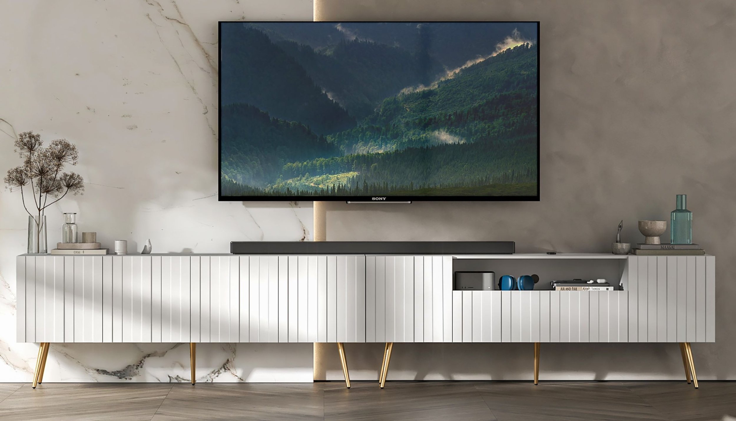 Meble Lindner Komoda RTV Glamour Nowoczesna Szafka RTV Biały Mat Ryflowane fronty Złote Nogi Metalowe Loft 300 cm