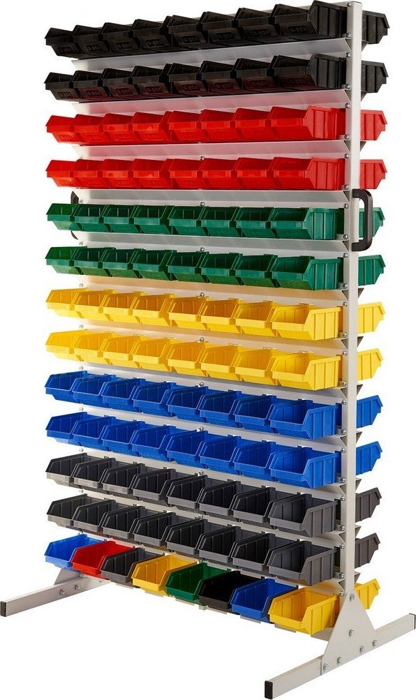 qBox Regał do pojemników warsztatowych, dwustronny. Wym: 1610x940x650mm 208 pojemników (Regał z pojemnikami)