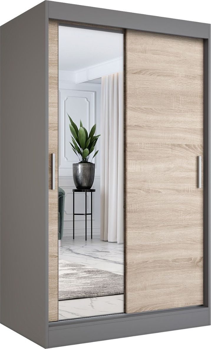 MKPOL Szafa przesuwna MODUO COMFORT 120 antracyt/dąb sonoma z lustrem po lewej