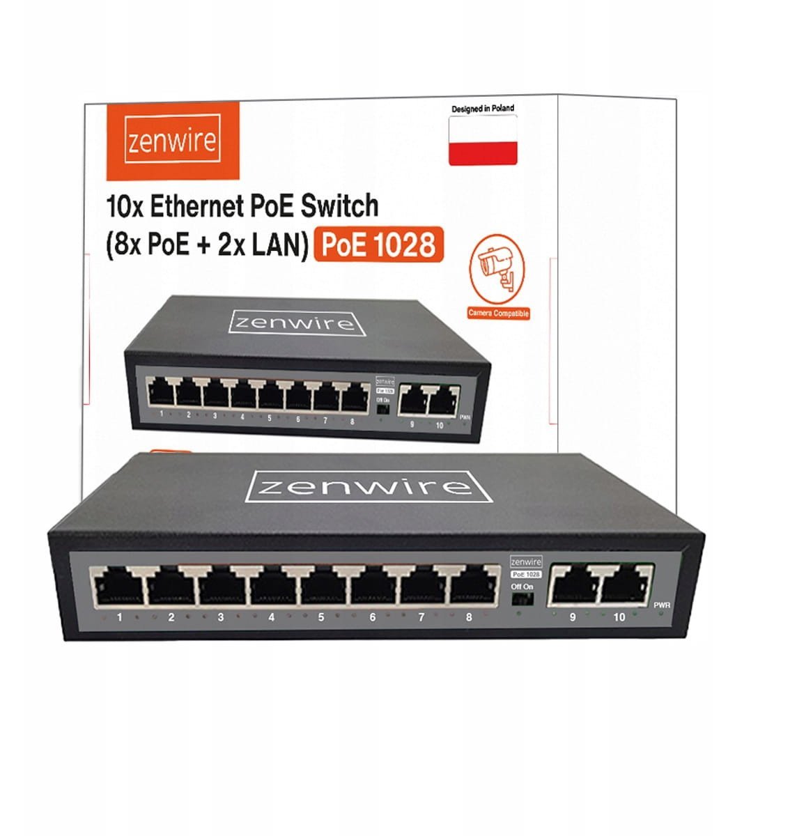 Switch Rozdzielacz Portów 10 Portów 8 POE 2 LAN Ethernet RJ45 do Kamer IP Zenwire 1028