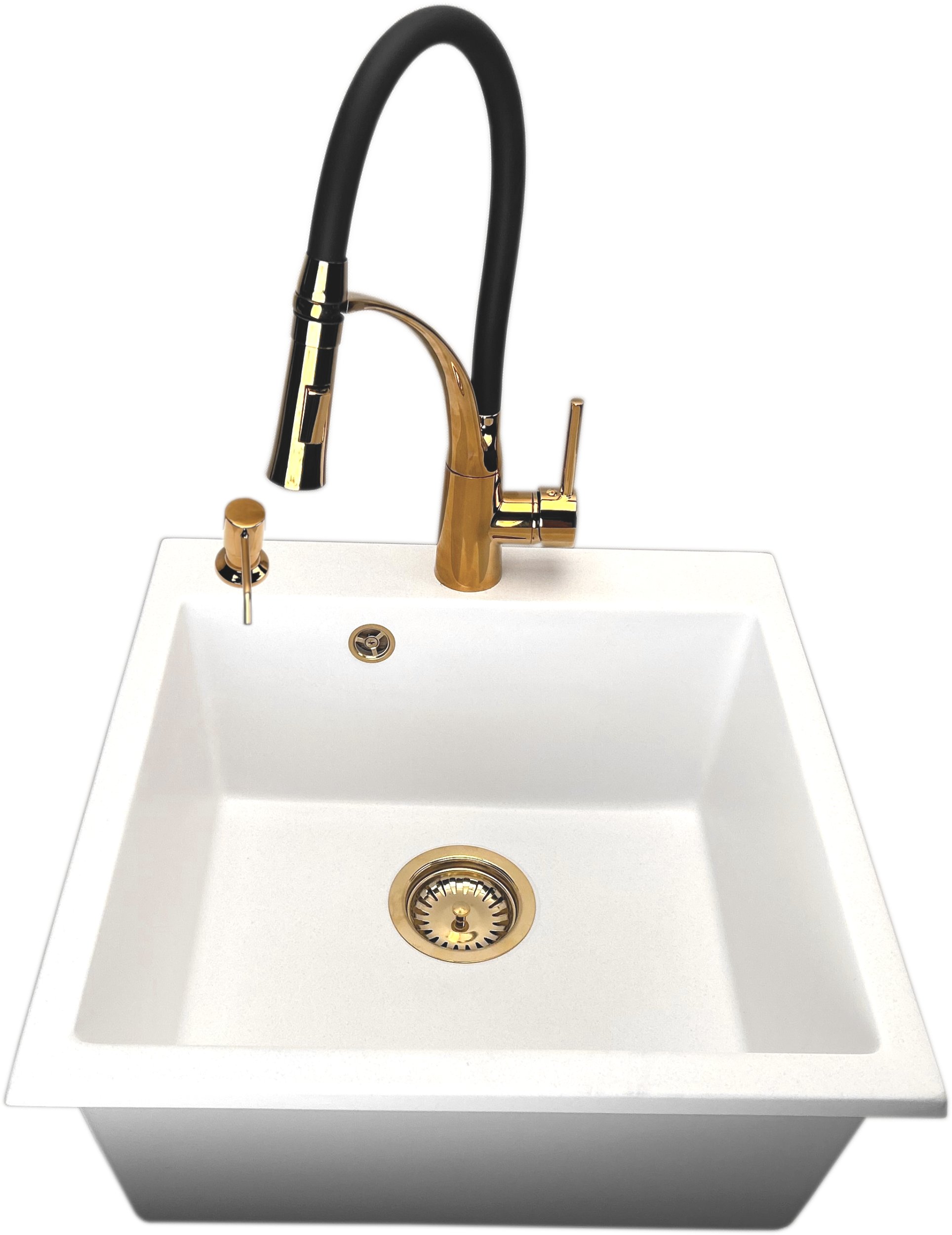 Zlewozmywak jednokomorowy FORTINA biały + bateria NEXO złota + dozownik