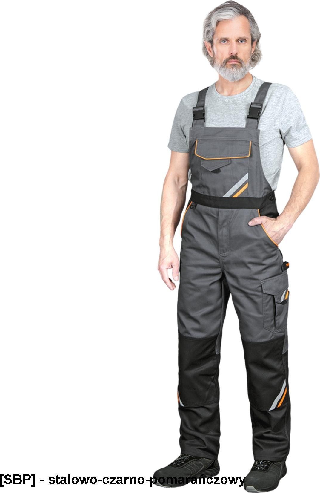 R.E.I.S. PROX-B - spodnie ochronne ogrodniczki PROX, guzik, zamek, 9 kieszeni, na nakolanniki, odblaski, 65% poliester, - stalowo-czarno-pomarańczowy