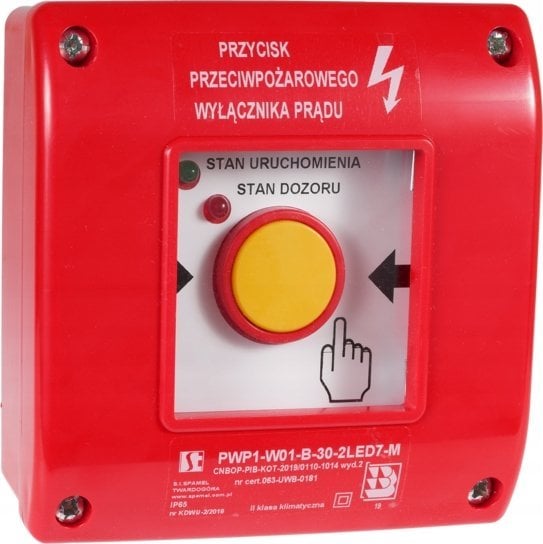 Spamel Ręczny przycisk przeciwpożarowego wyłącznika prądu PWP1 (1NO i 1NC) z certyfikatem CNBOP - 2LED zielony/czerwony 24VDC