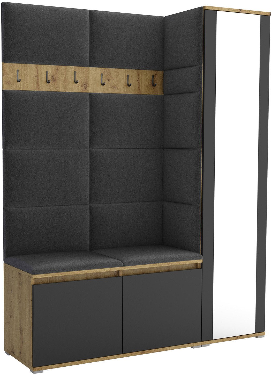 Tapicerowana garderoba Noris VII z lustrem - kolor artisan z czarnym frontem + tkanina Trinity 15