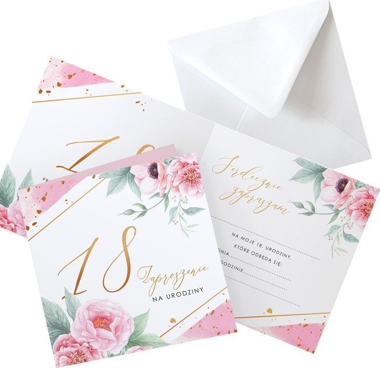 ZAPROSZENIA na 18 urodziny Piwonie 10szt (+koperty)