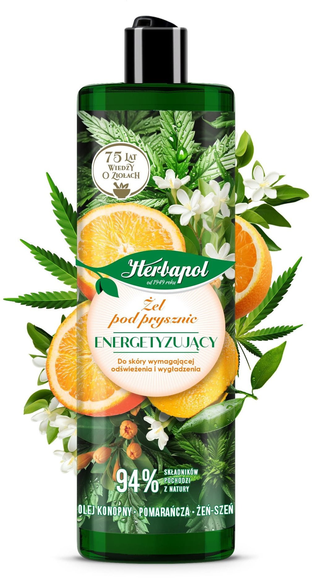HERBAPOL Żel pod prysznic energetyzujący Olej konopny, Pomarańcza, Żeń-szeń 400 ml