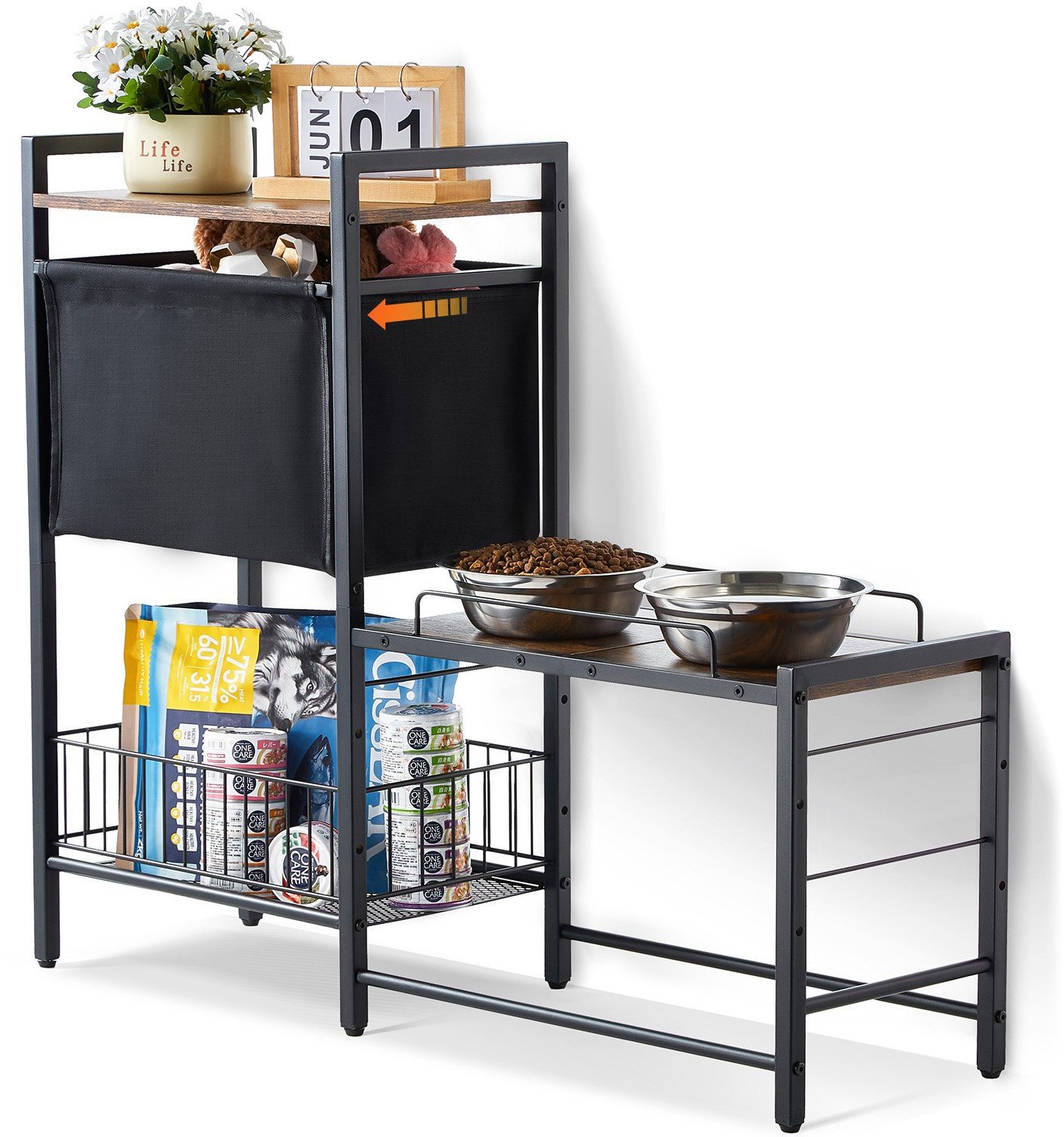 Stojak na miski dla psa z pojemnikiem drewniany organizer zabawek