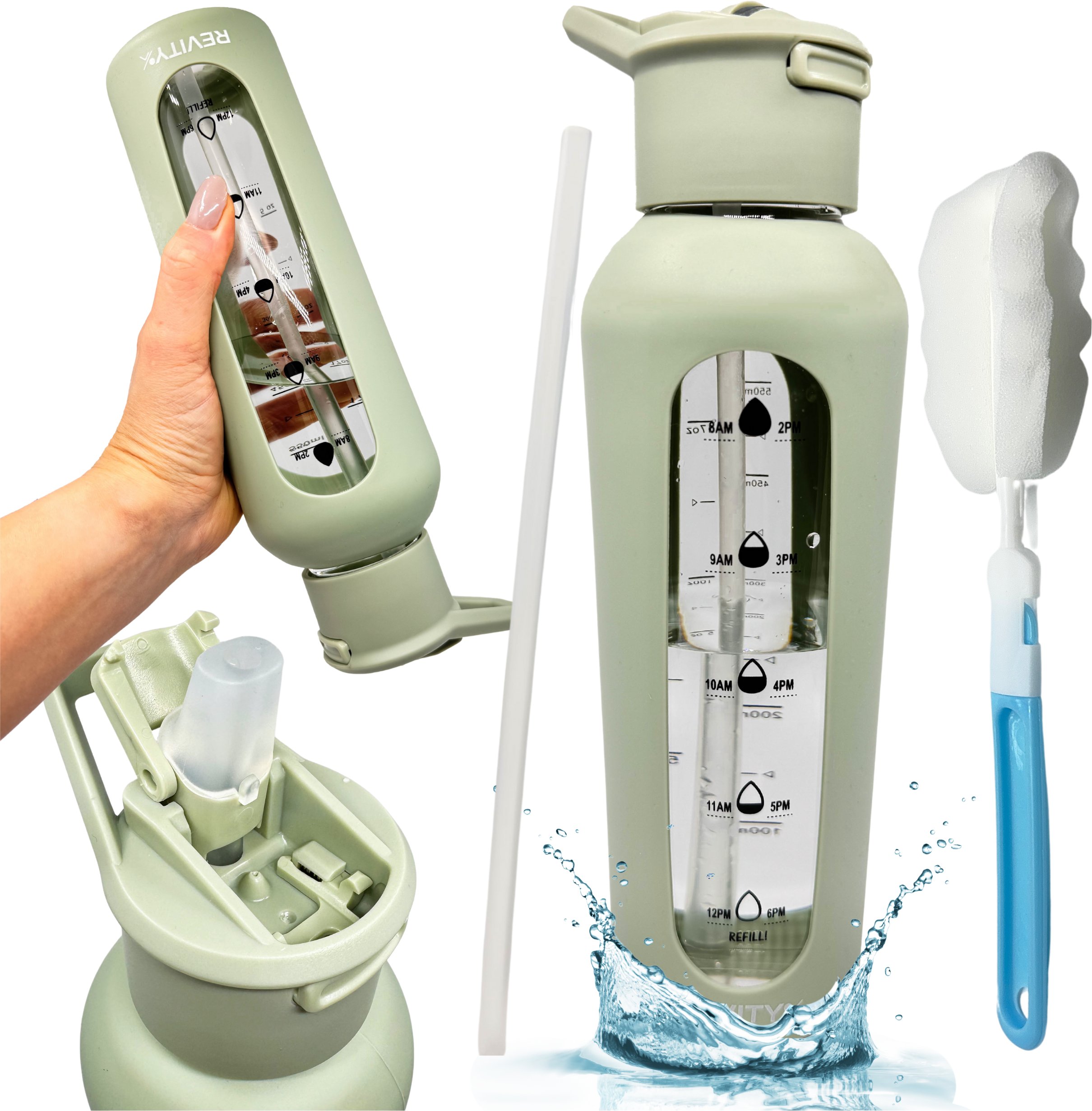 Szklana butelka na wodę bidon z dziubkiem i miarką w silikonowym etui