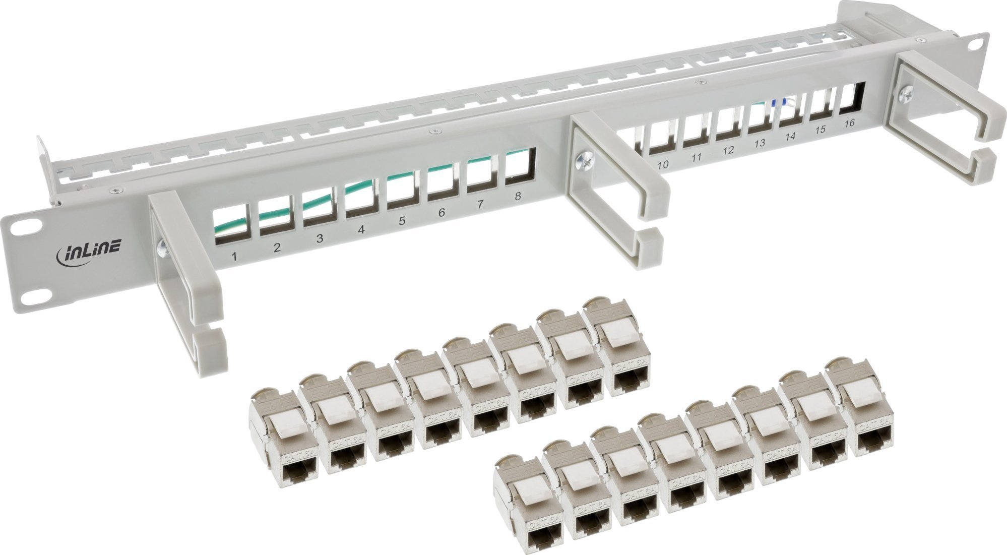 InLine InLine® Patch panel Cat.6A 16-way, with 3 brackets, 16 keystones, 19", 1U, grey