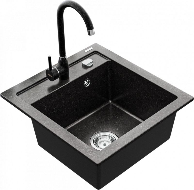 Zlewozmywak Mexen Vito granitowy 1-komorowy z baterią kuchenną Telma, czarny nakrapiany - 6503-76-670200-76