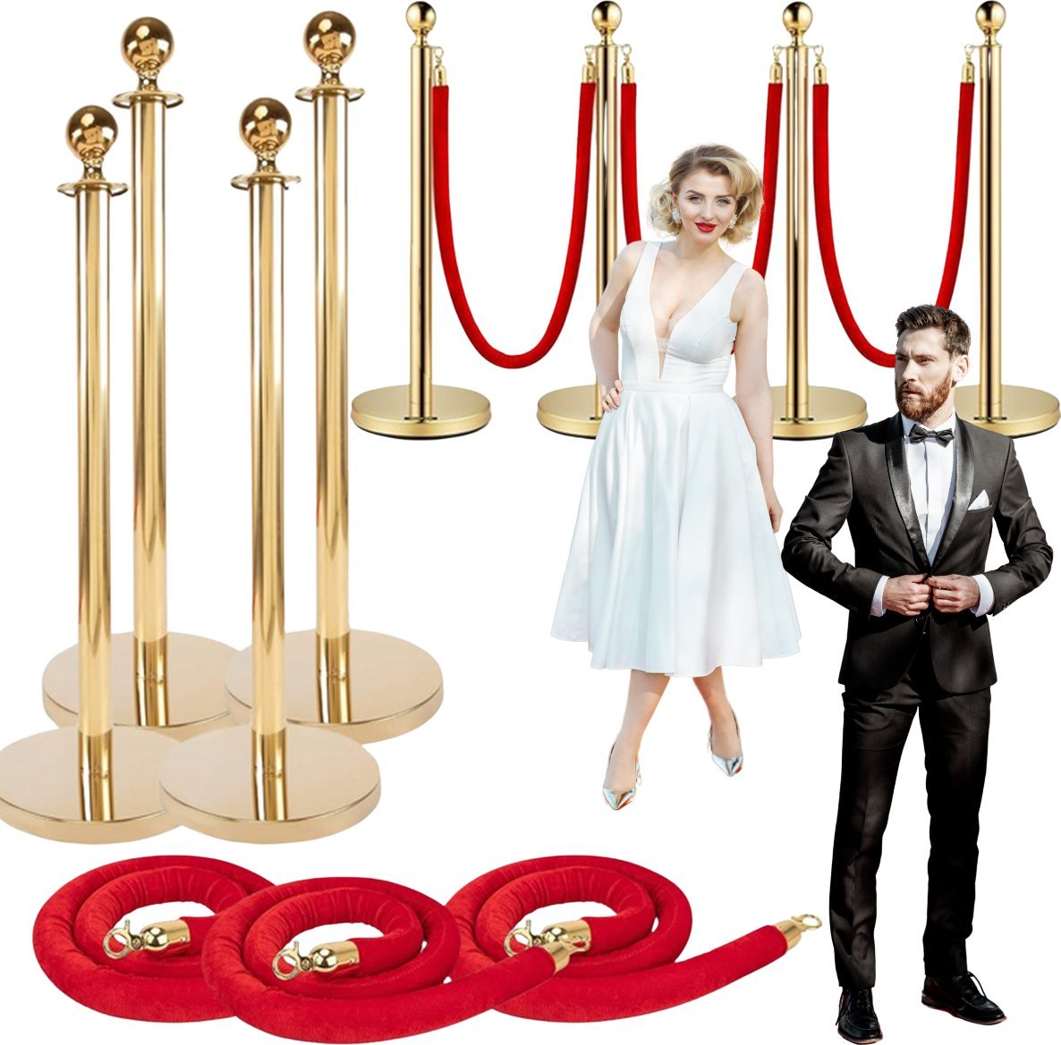 4 Solidne złote słupki odgradzające 4 szt czerwona lina barierka kolejkowa VIP