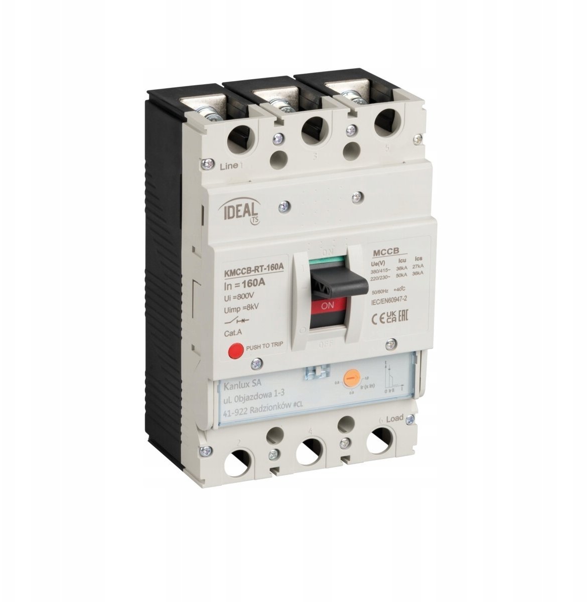 Wyłącznik kompaktowy MCCB KMCCB-RT-160A regulacja czł. termicz. 3 bieguny Ics 36kA(380/415V AC) Icu 50kA(220/230V AC) IP20 37282