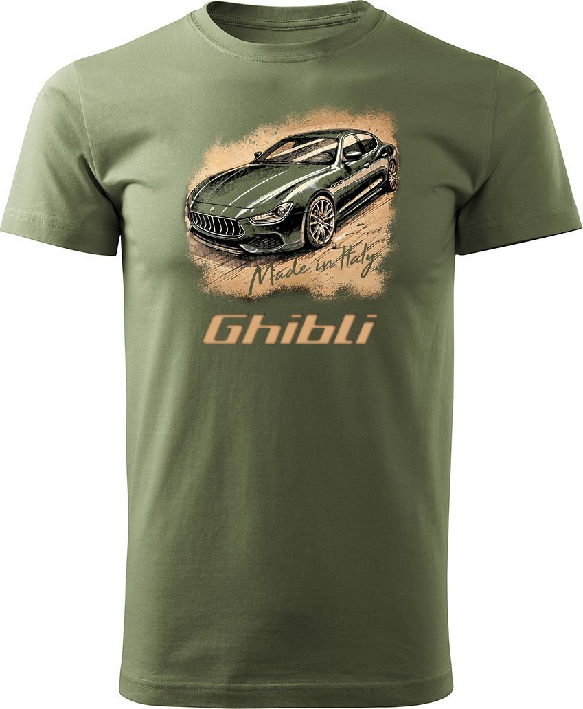Koszulka samochodowa z samochodem Maserati Ghibli męska khaki REGULAR L