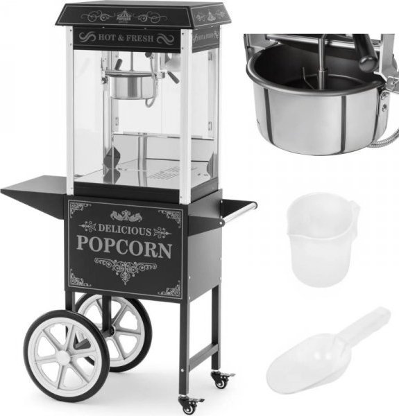 Maszynka do popcornu Royal Catering Profesjonalna maszyna do popcornu na wózku z oświetleniem RETRO 88 l 1600 W czarna