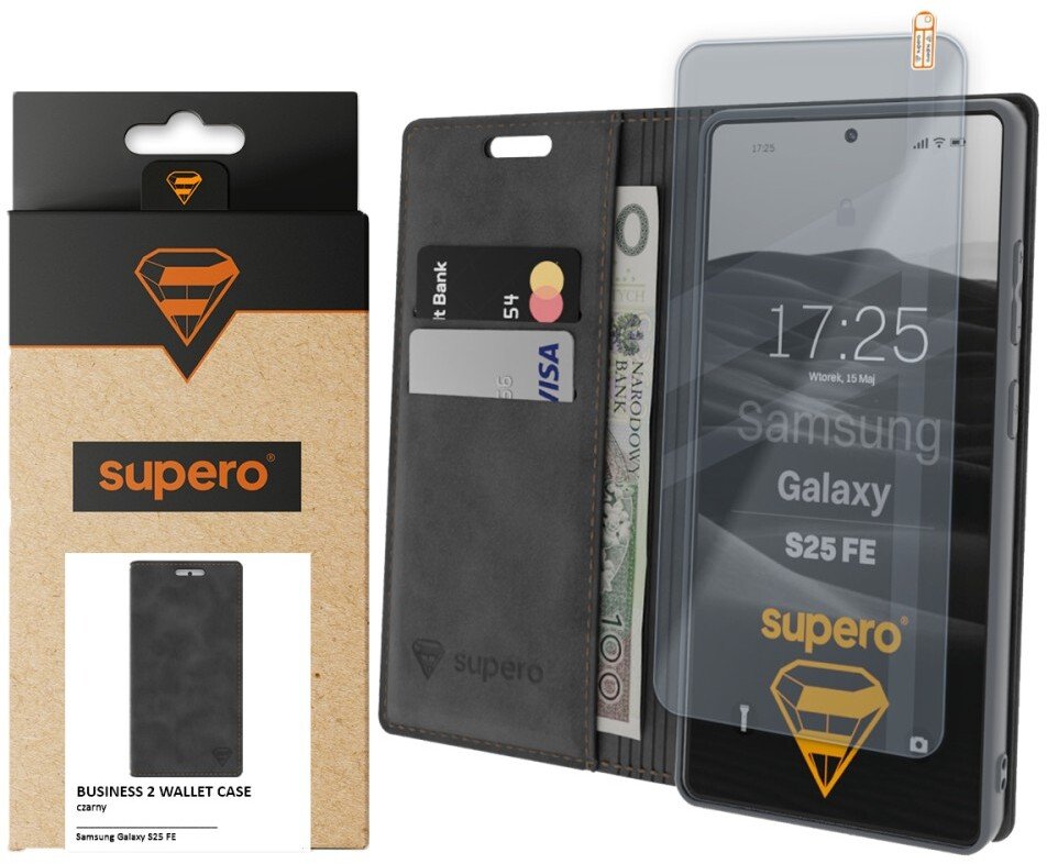 SUPERO Etui z klapką Business 2 Wallet Case do Samsung Galaxy S25 FE, czarne + szkło