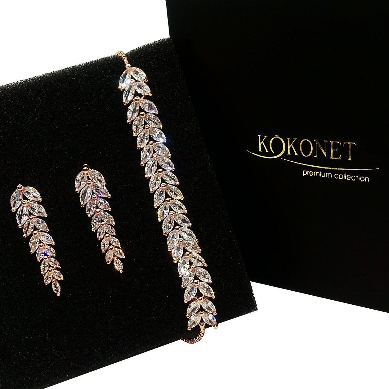 KOKONET Kolczyki i bransoletka różowe złoto BOHO glam