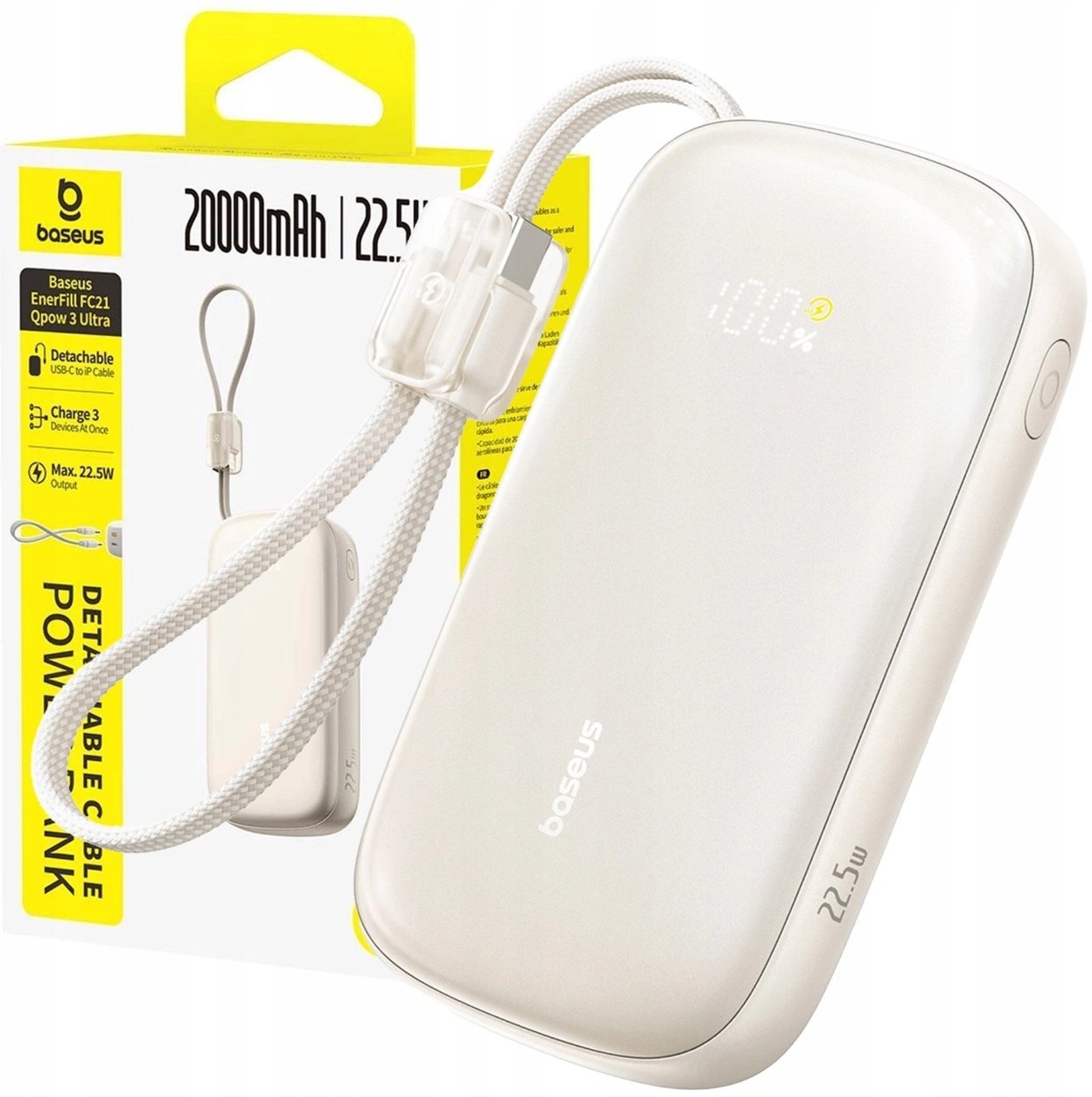Powerbank Baseus Powerbank EnerFill FC21 Qpow 3 Ultra 20000mAh 22.5W z wyświetlaczem z dołączonym kablem - beżowy