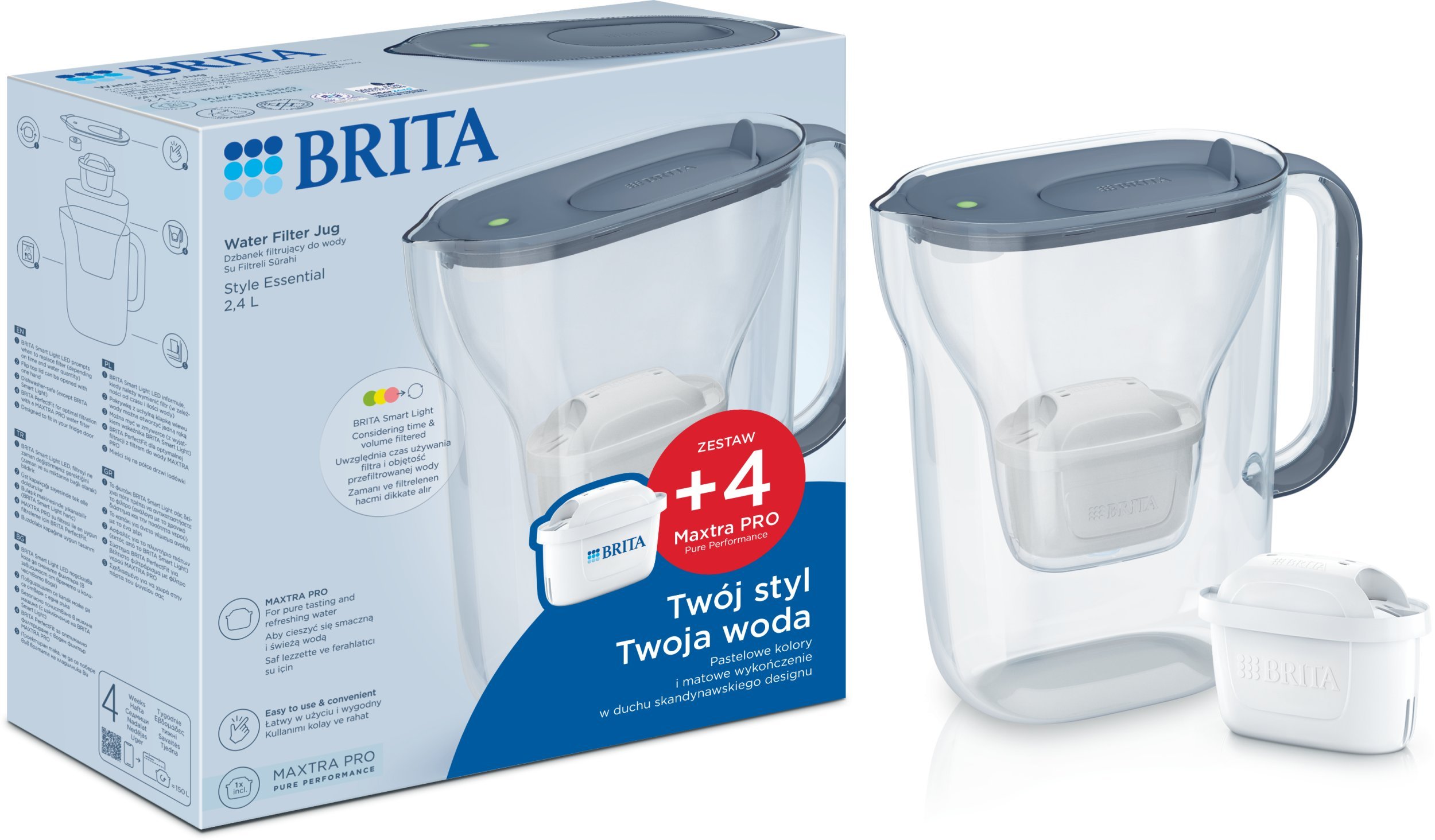 Dzbanek filtrujący Brita Style Essential grafitowy + 4 Filtry MX Pro Pure Performance