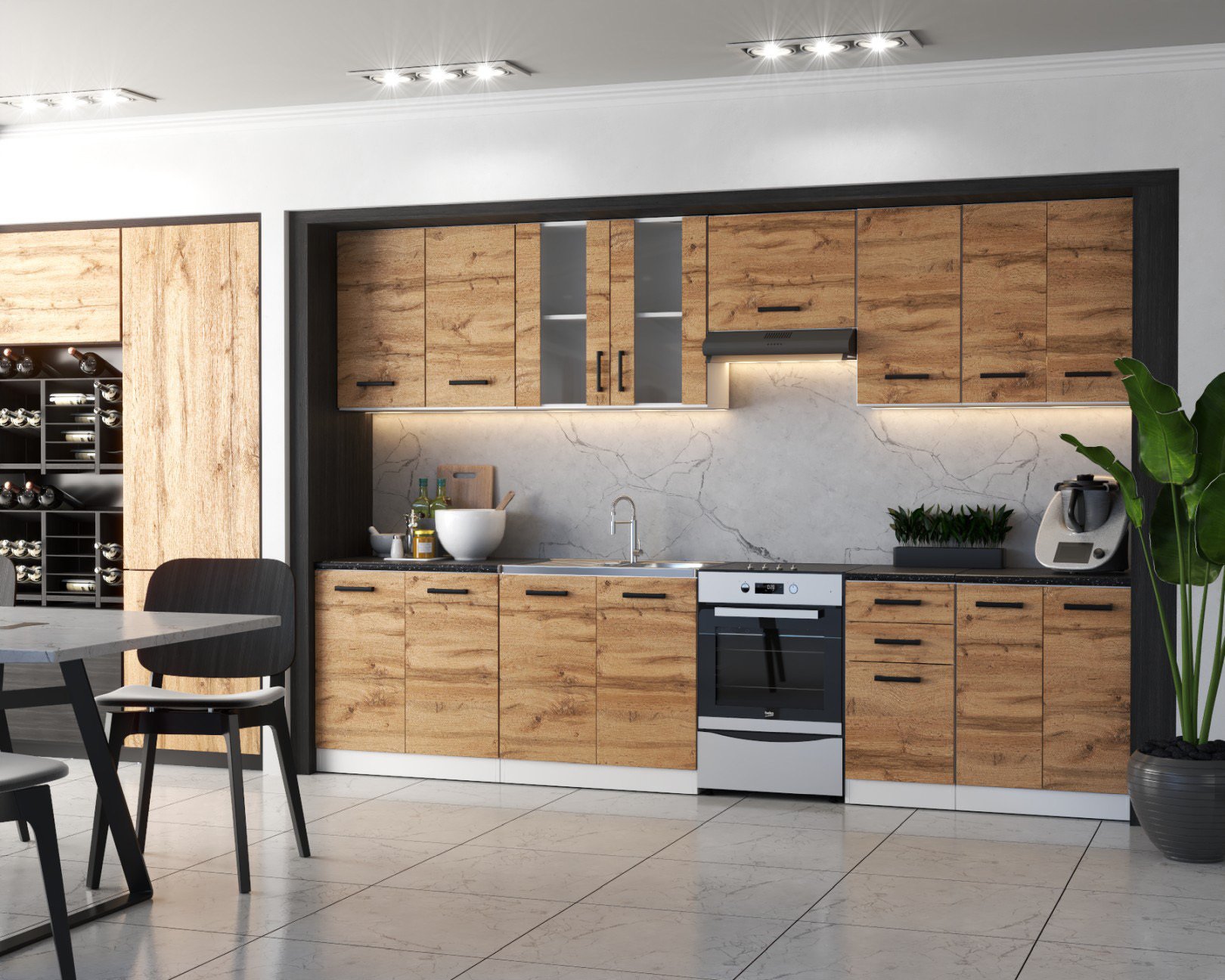 Meble Kuchenne Modułowe Drewniane Duże Danka 3.2m Wotan Dąb Wotan Biały Mat