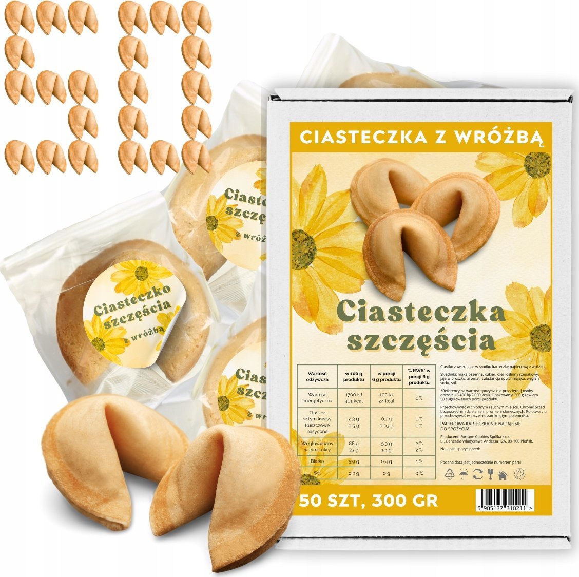 MagiaCiast Chińskie Ciasteczka Szczęścia z Wróżbą dla Gości MagiaCiast 50 sztuk 300g