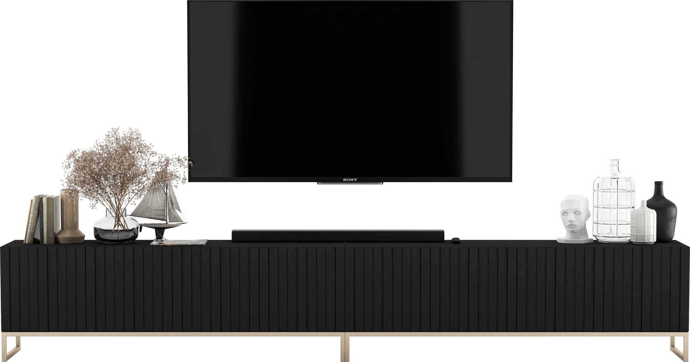 Meble Lindner Szafka RTV Glamour Komoda RTV Meble Lindner Czarny Mat Ryflowane Fronty 300 cm