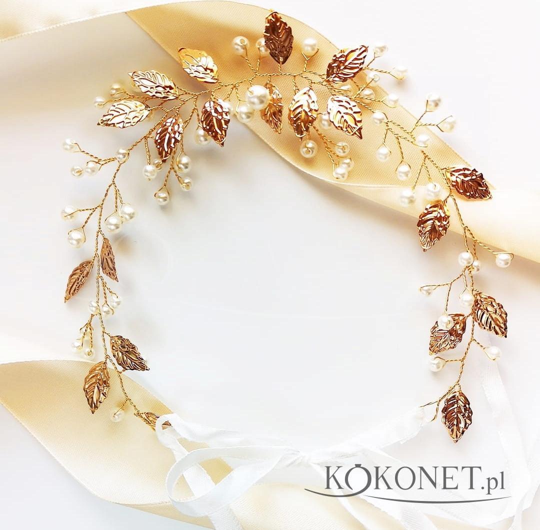 KOKONET złoty WIANEK na ślub listki POZŁACANY perły BOHO
