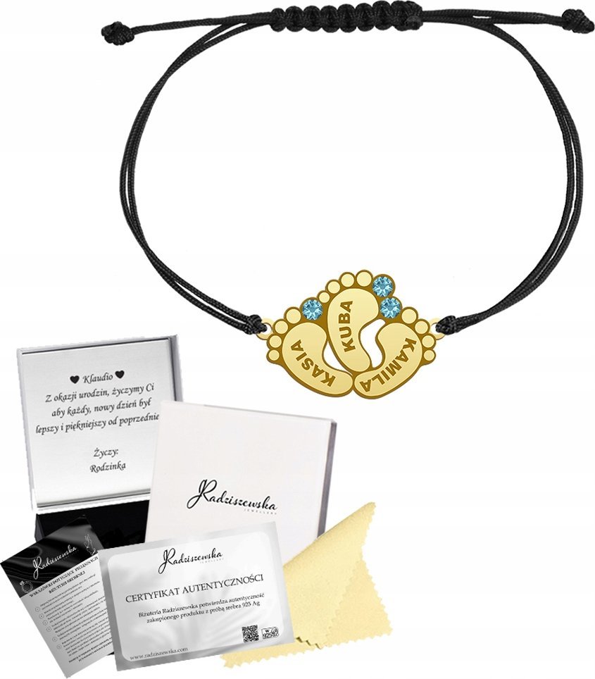 Radziszewska Jewellery Bransoletka Złota STÓPKI DZIECKA Imię Dziecka srebro 925 Prezent GRAWER