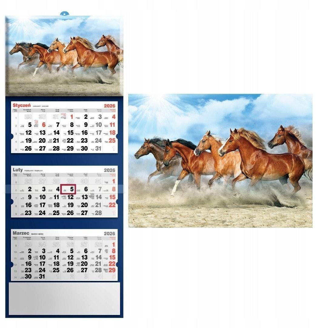 Kalendarz 2026 trójdzielny konie