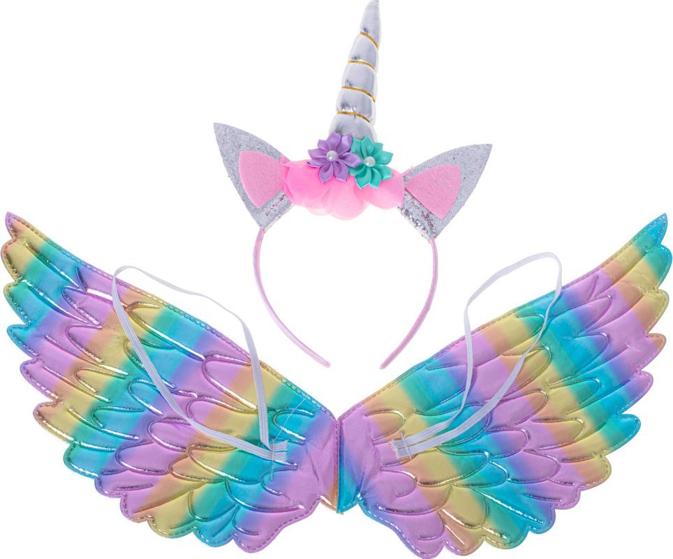 KIK Kostium strój jednorożec przebranie skrzydła opaska tęczowe