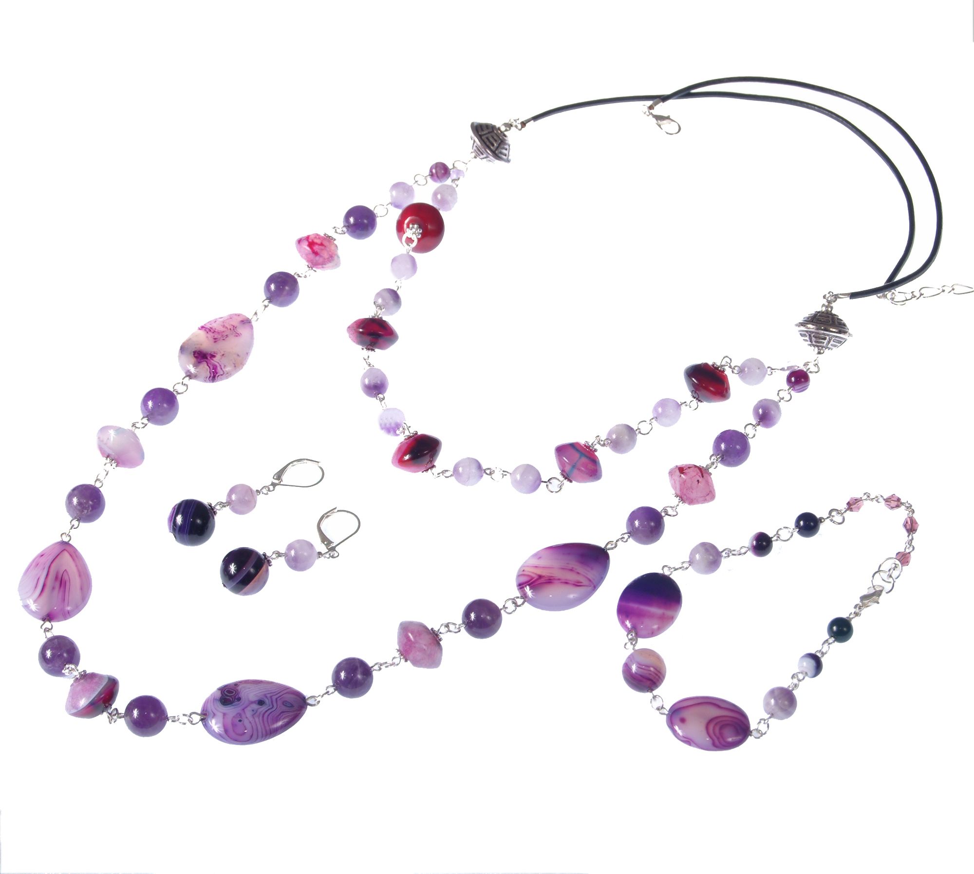 GANELLI Jewelry & handmade Zestaw biżuterii GANELLI - długi naszyjnik, bransoletka i kolczyki z kamieni półszlachetnych Agat błyszczący, Ametyst