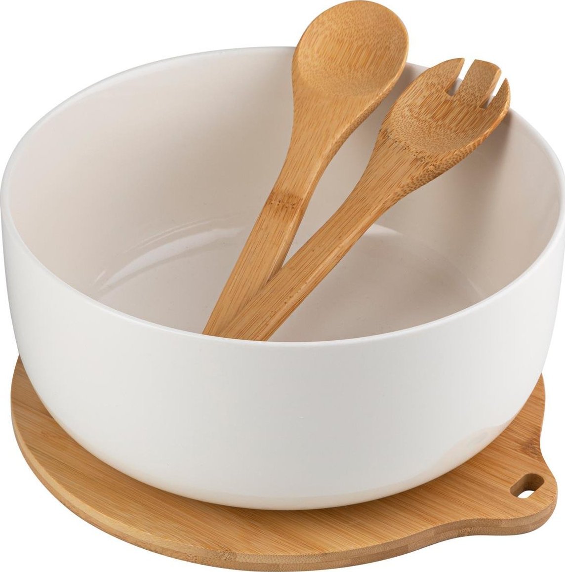Florina Miska do sałaty na bambusowej podstawie z łyżkami Florina Adria biała 3,5 l