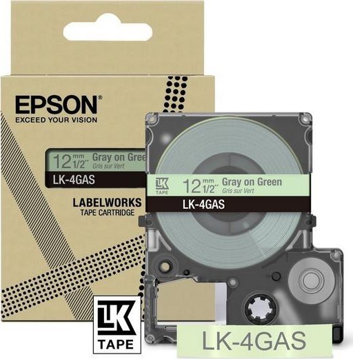 Epson Epson LabelWorks LK-4GAS - Grau auf Grun - Rolle (1,2 cm x 8 m) 1 Kassette(n) Hangebox - Bandkassette - fur LabelWorks LW-C410, LW-C610