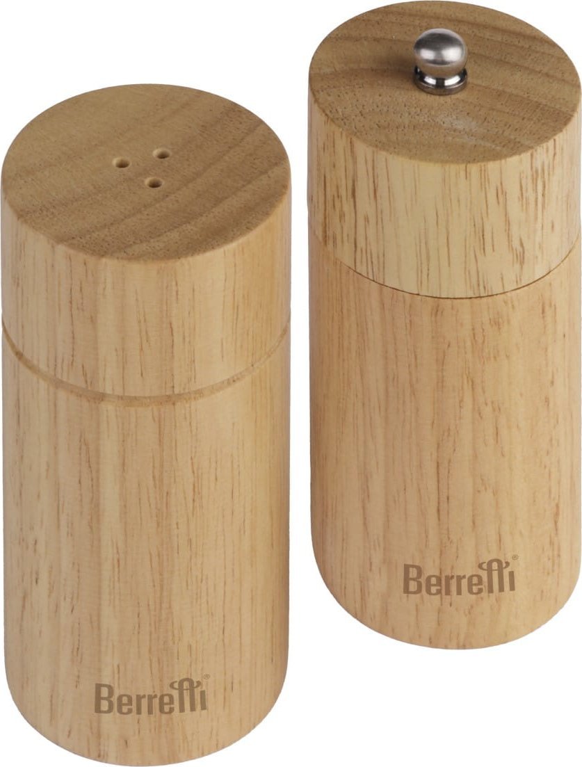 BERRETTI Zestaw przyprawnik do soli i młynek do pieprzu solniczka 11cm drewna kauczukowego