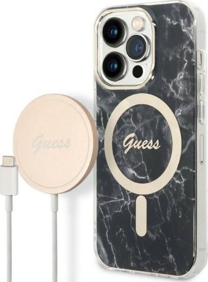 Guess Zestaw Guess GUBPP14LHMEACSK Case+ Charger iPhone 14 Pro 6,1" czarny/black hard case Marble MagSafe NoSize