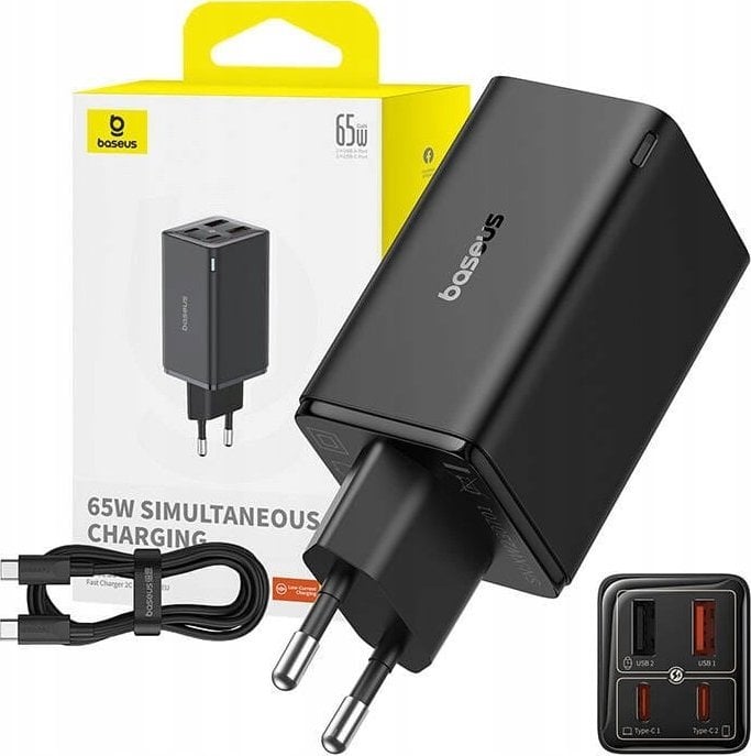 Ładowarka Baseus OS- GaN6 Pro Fast Charger 2C+2U 65W EU Cluster Black((With:Mini White Cable Type-C to Type-C 100W(20V/5A) 1m Black）