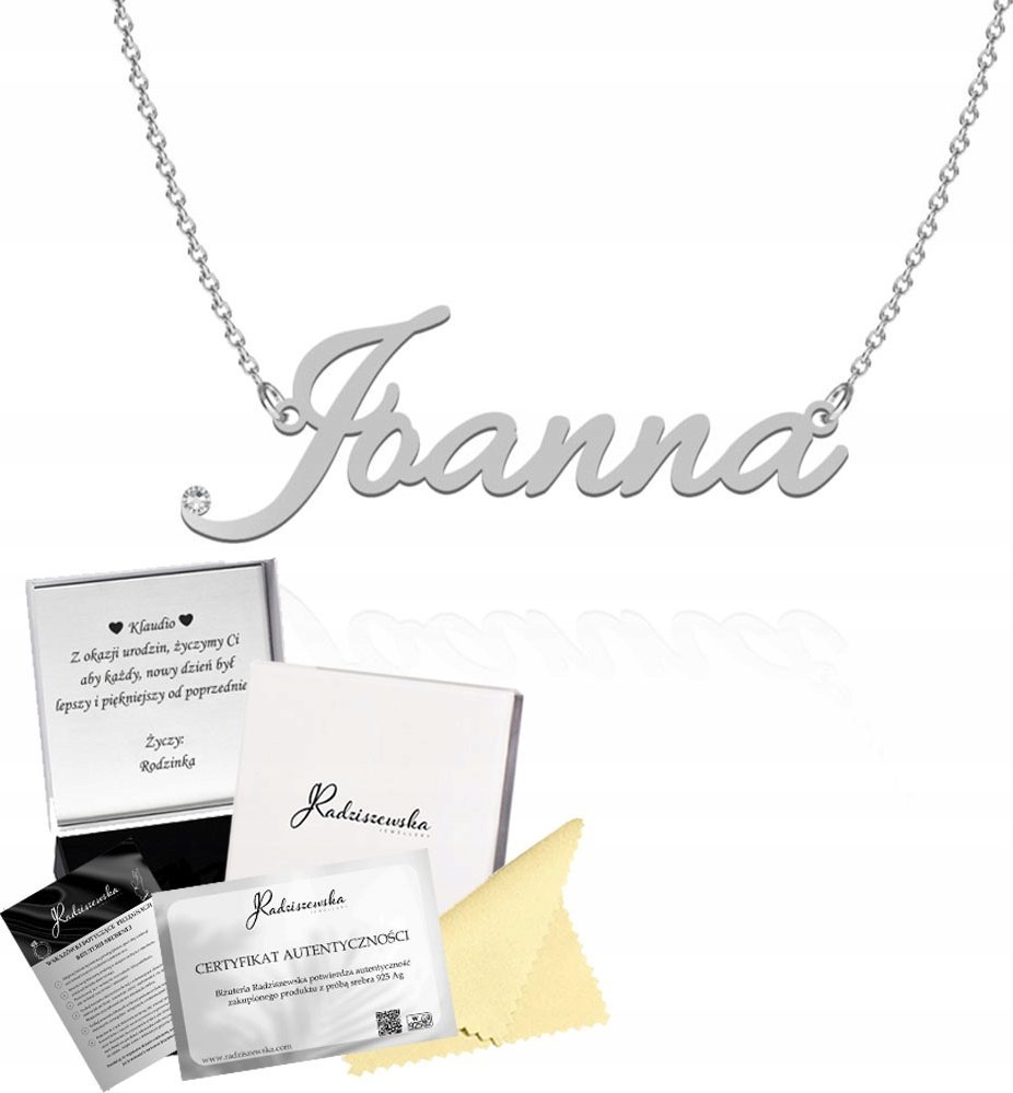 Radziszewska Jewellery Srebrny Łańcuszek z Imieniem Joanna SREBRO 925 Prezent DEDYKACJA GRATIS