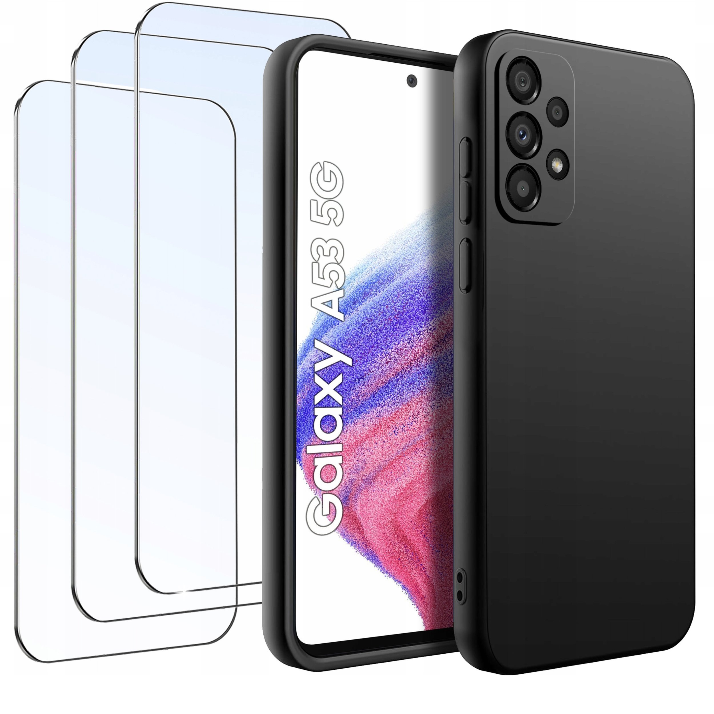 ZESTAW Etui do Samsung A53 5G | Matowe Czarne Silikon Slim +3 SZTUKI SZKŁO