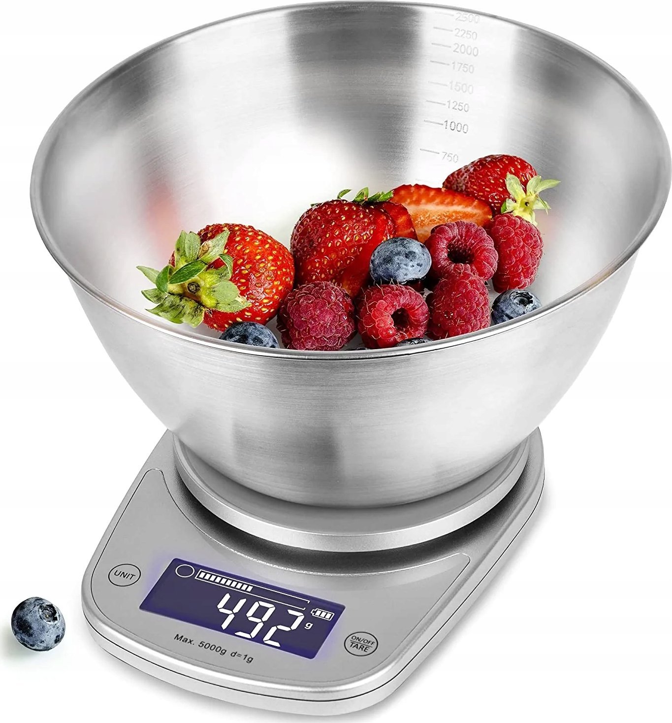 Waga kuchenna Duronic KS5000 SRSS Cyfrowa waga kuchenna srebrna do 5 kg z 2,5 l misą ze stali nierdzewnej | waga elektroniczna z bateriami w zestawie