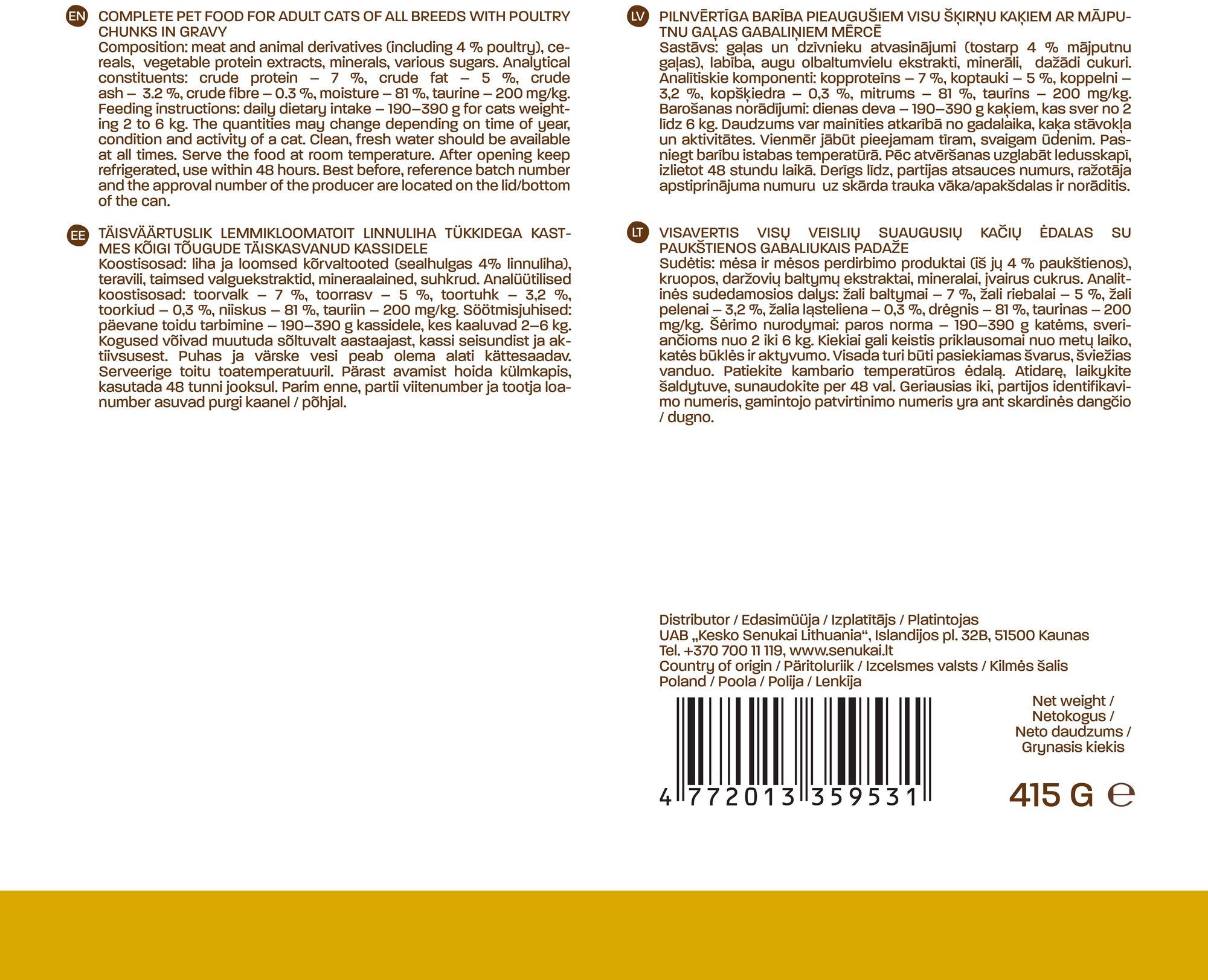 FOOD FOR CATS WET WITH POULTRY 415G