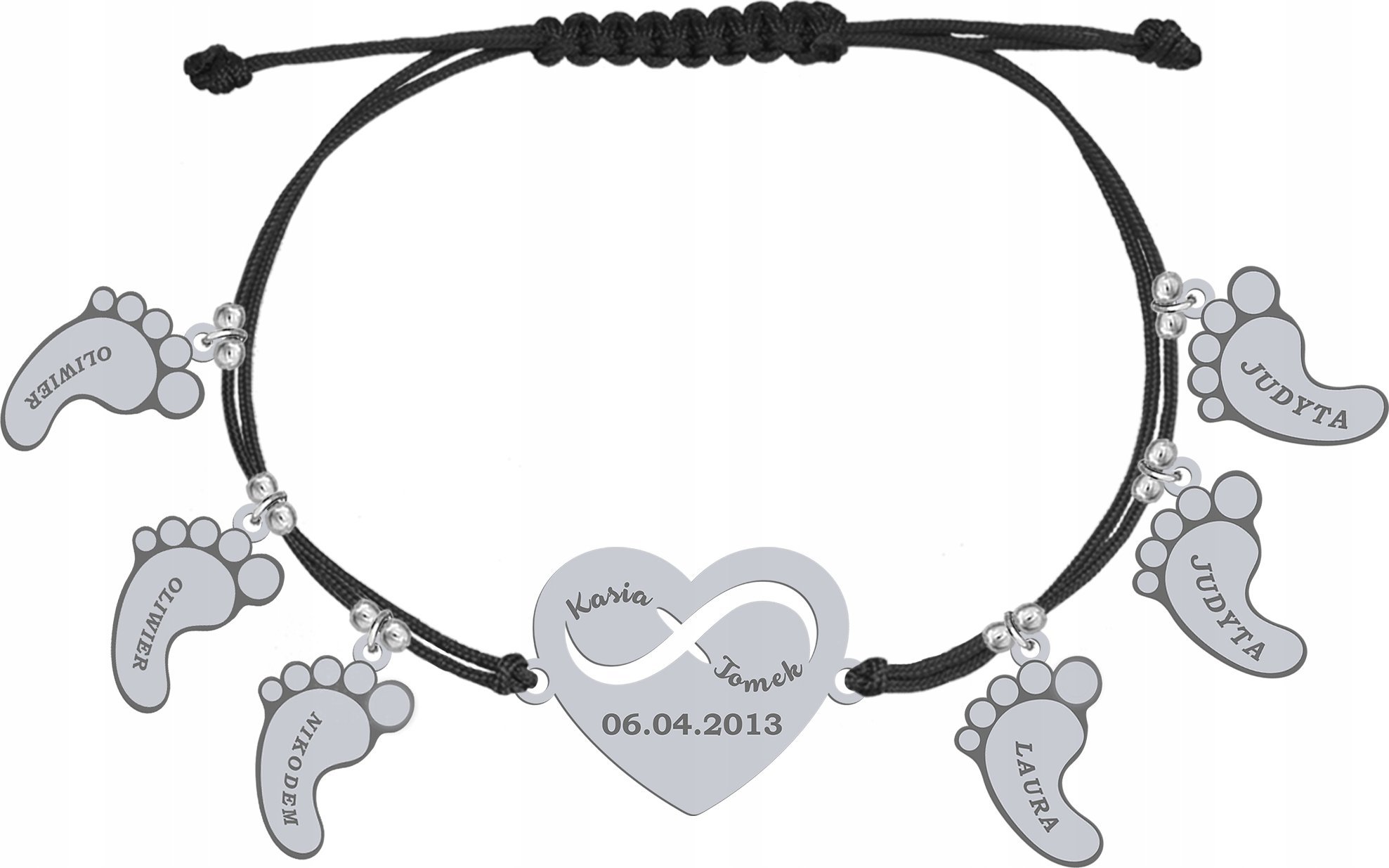 Radziszewska Jewellery Bransoletka Srebrna Stópki Serce z Grawerem Imię Dziecka Dzień Matki 925