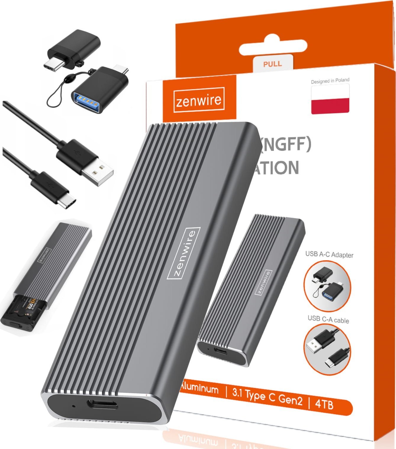 Kieszeń Zenwire Obudowa Dysku SSD m2 SATA NGFF USB-C USB 3.0 6GB/s Kieszeń na dysk Adapter m.2 Zenwire 2818S