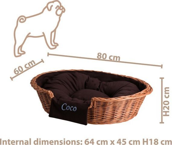 WickerPL Poppy Owalne wiklinowe legowisko dla zwierząt z imieniem kosz dla psa 80x60 H20 / ROZMIAR WEWNĘTRZNY 64x45 H18 CM